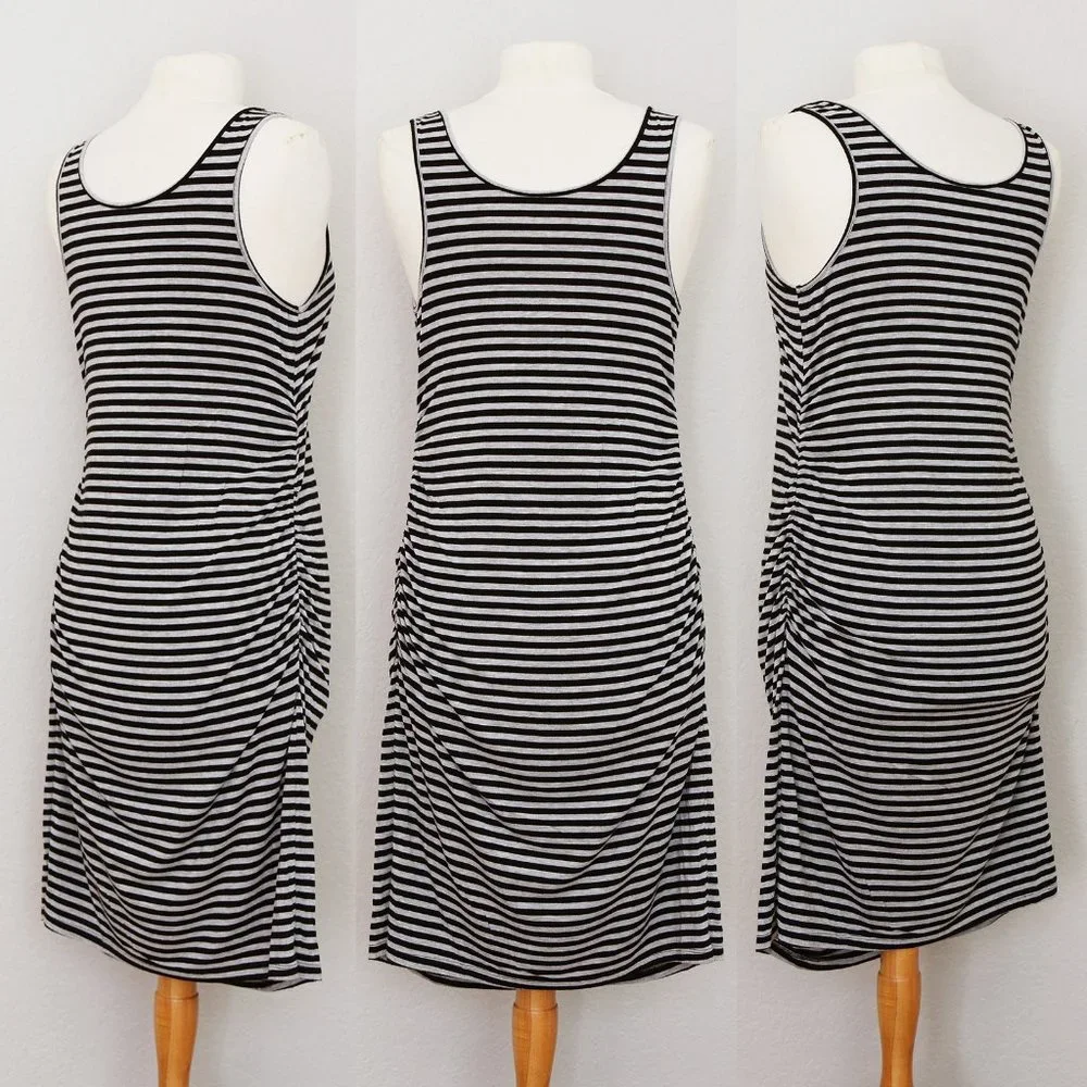 Liz Lange Maternity Gray Black Striped Ruched Gathered Sleeveless Midi Dress S - Picture 9 of 9